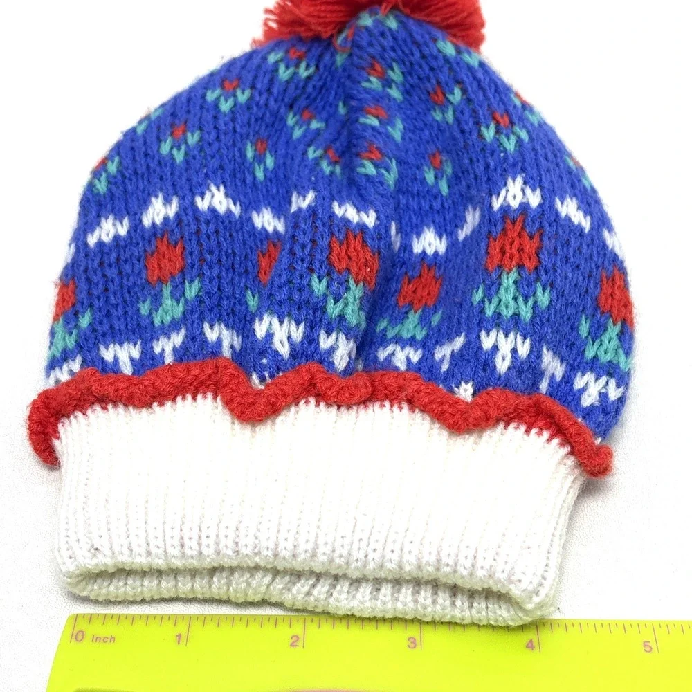 Vintage Toddler Beanie Hat Winter Cap Red Blue Flowers Floral Pom Pom‎ 90s